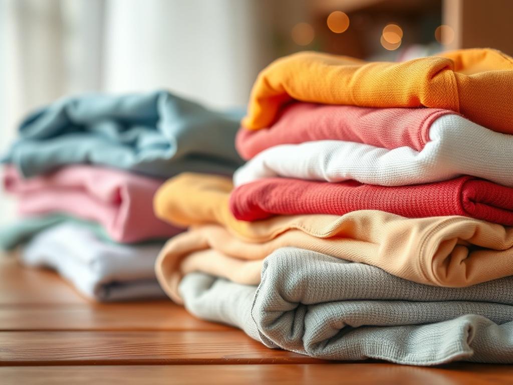 A hyper-realistic close-up shot of freshly laundered clothes neatly folded on a wooden table, showcasing various textures and colors. The background should be softly blurred to emphasize the vibrant hues of the fabrics. The lighting should be warm and inviting, highlighting the cleanliness and quality of the garments. The primary color #062767 should subtly complement the scene, perhaps in decorative elements or through soft shadows.