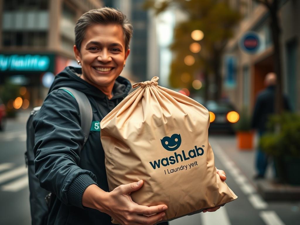 A close-up shot of a delivery person holding a neatly packaged laundry bag ready for delivery. The background captures a vibrant city street, emphasizing the speed and efficiency of the service. The delivery person is smiling, showcasing customer satisfaction and dedication. The laundry bag is branded with the Wash Lab logo, highlighting quality service and professionalism.