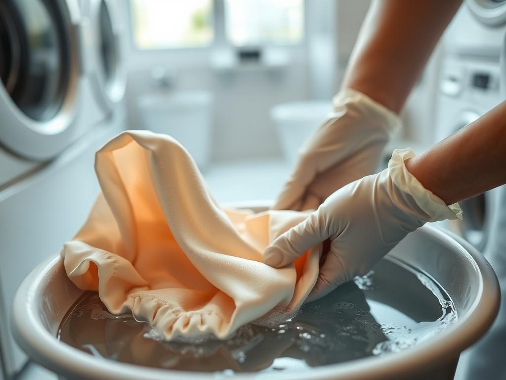 A close-up shot of a gentle hand washing a delicate silk blouse in a basin filled with soapy water. The focus is on the texture of the fabric and the careful handling of the garment. The background shows a serene and tidy laundry space with soft lighting, creating an atmosphere of care and attention. The worker is wearing gloves, symbolizing the gentle approach needed for delicate items.