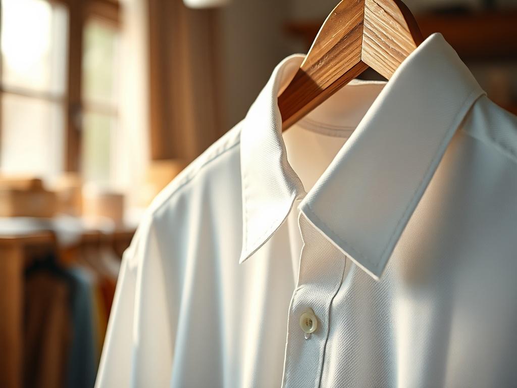 A close-up shot of a freshly laundered shirt hanging on a wooden hanger, showcasing its pristine condition. The background is softly blurred to emphasize the texture and quality of the fabric. The lighting is warm and inviting, creating a sense of cleanliness and care. The color scheme should harmonize with a primary color of #062767, enhancing the overall aesthetic appeal.