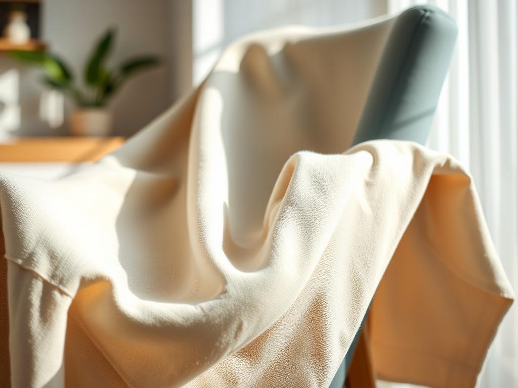 A close-up shot of freshly cleaned fabric draped over a chair, showcasing its texture and cleanliness. The background is softly blurred to highlight the fabric, with natural light illuminating the scene. The color scheme should harmonize with the #062767 primary color, providing a soothing and inviting atmosphere.