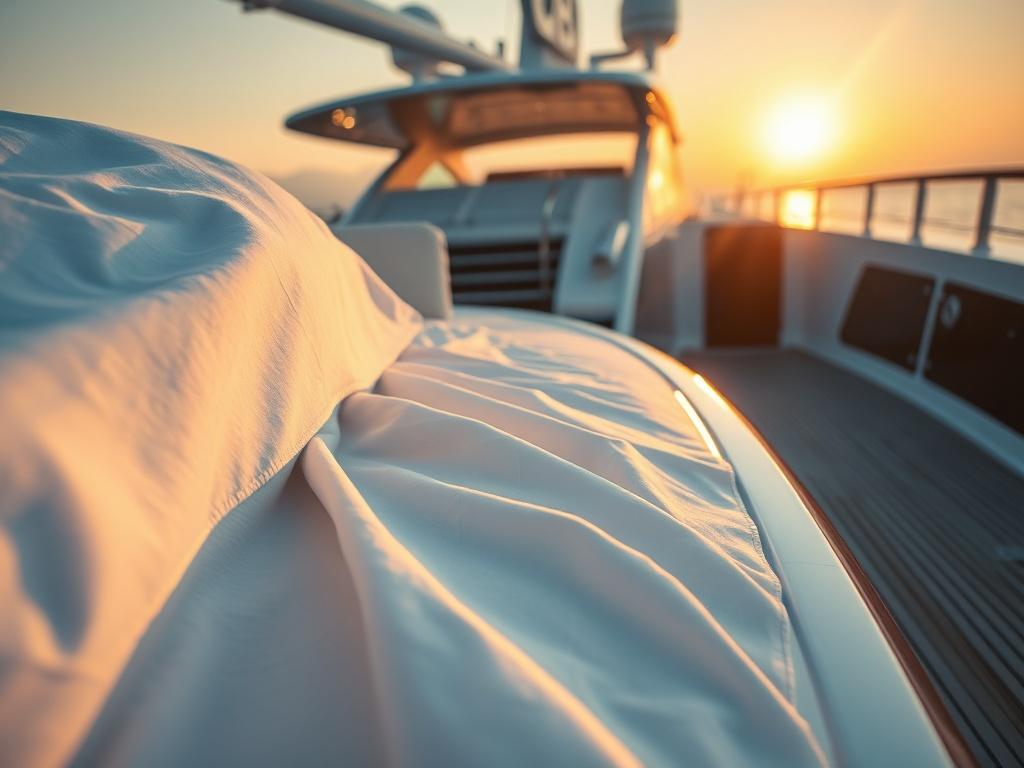 A luxurious yacht on calm waters, showcasing pristine white linens draped elegantly over the deck. The sun sets in the background, casting a warm glow over the scene, highlighting the vibrant colors of the yacht. The focus is on the linens, showcasing their cleanliness and quality, with the yacht's polished wood and metal accents softly blurred in the background. The overall atmosphere is serene and luxurious, inviting viewers to imagine a relaxing private cruise experience.