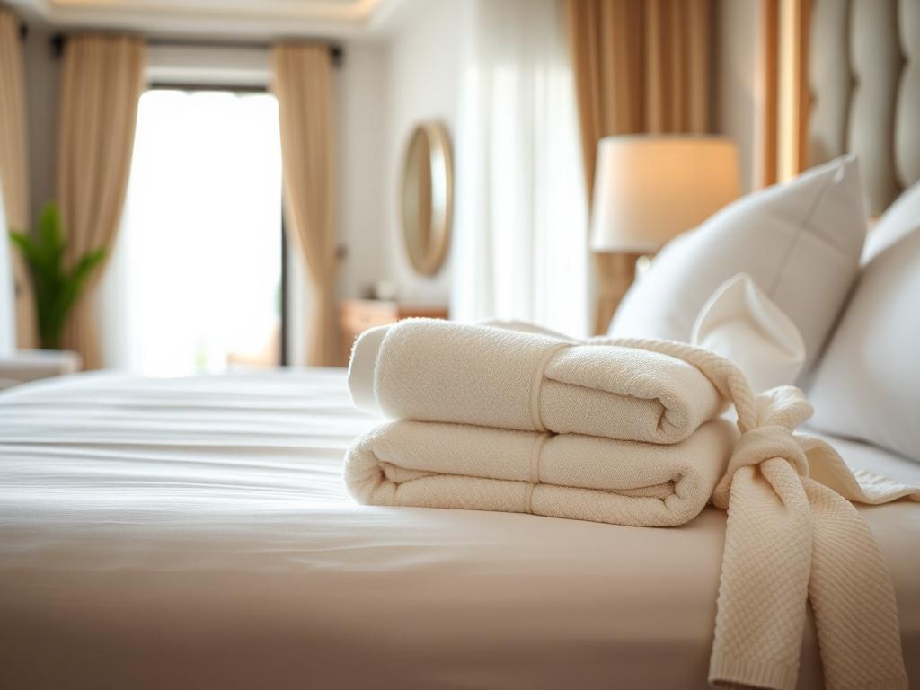 A luxurious hotel bed with neatly arranged bed linens, plush towels, and a soft bathrobe draped over the edge. In the background, a well-designed villa interior can be seen, showcasing elegance and comfort. The setting is bright and inviting, with natural light illuminating the textures of the fabrics. The focus is on the high-quality linens and towels, creating a sense of premium laundry service.
