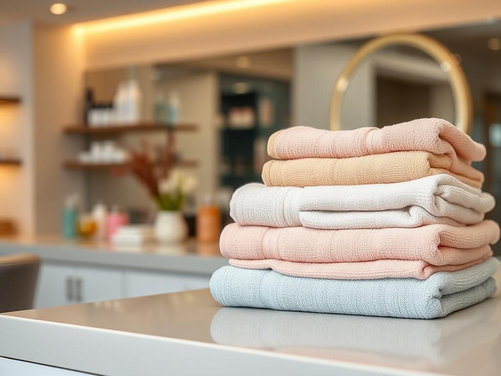 A close-up shot of a beautifully folded stack of freshly laundered towels in various pastel colors, placed on a sleek salon counter. The background features a softly blurred salon scene, with elegant beauty products and a stylish mirror, creating a warm and inviting atmosphere. The lighting is soft and natural, highlighting the texture of the towels and enhancing the luxurious feel of the setting.