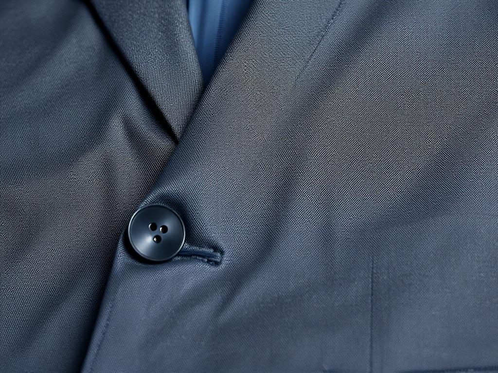 A hyper-realistic close-up shot of a neatly pressed two-piece suit, showcasing the fabric texture and sharp lines. The suit is displayed on a clean, simple background that complements the primary color #062767. The image should capture the elegance and professionalism of the garment, with a focus on the details such as buttons and stitching.