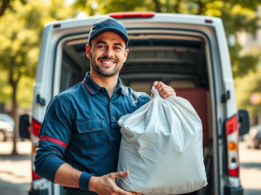 A delivery man wearing a uniform and cap, holding a large bag of freshly laundered clothes. He stands in front of a clean, modern delivery van, showcasing a bright and friendly smile. The background features a sunny day in an urban setting, with trees lining the street. The focus is on the delivery man and the bag, emphasizing professionalism and reliability.