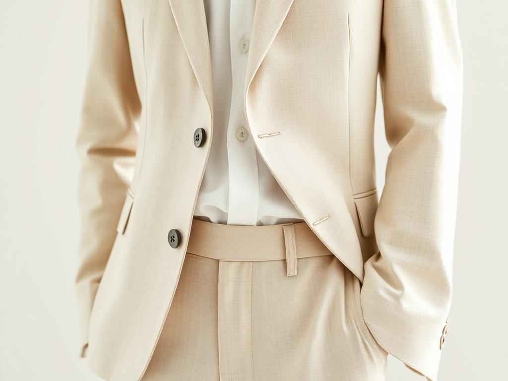 Close-up shot of a two-piece summer linen suit elegantly displayed on a simple white background. The suit should be light beige with subtle texture, showcasing its breathable fabric. The jacket is unbuttoned, revealing a crisp white shirt underneath, and the trousers are neatly pressed, highlighting the suit's tailored fit. The lighting should be soft, emphasizing the suit's premium quality and attention to detail.