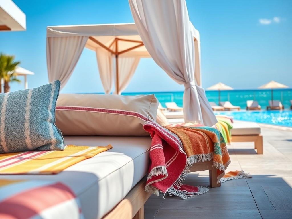 A realistic high-resolution photo of freshly laundered beach towels, cushions, and sunbed covers neatly arranged on a beautiful sunny beach bar patio. The towels should be vibrant and colorful, showcasing a variety of patterns. The cushions should be plush and inviting, with sunbed fabrics draped elegantly over stylish sunbeds. The background should feature a clear blue sky and a sparkling pool, creating a relaxed and luxurious atmosphere.