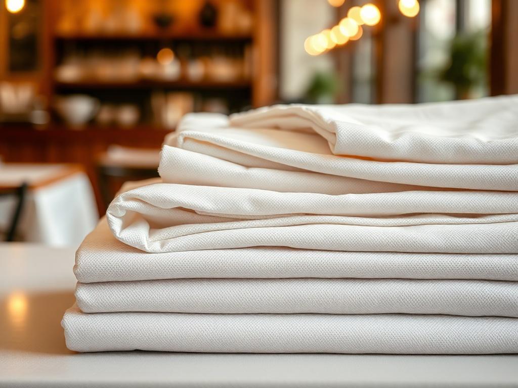 A hyper-realistic close-up shot of a neatly folded stack of pristine white tablecloths and freshly cleaned bar uniforms, showcasing the fine texture and crispness of the fabrics. The background should be softly blurred to emphasize the cloths, with a hint of a café setting in the distance, under warm, inviting lighting. The overall composition should be simple and elegant, focusing on the quality of the laundry service.