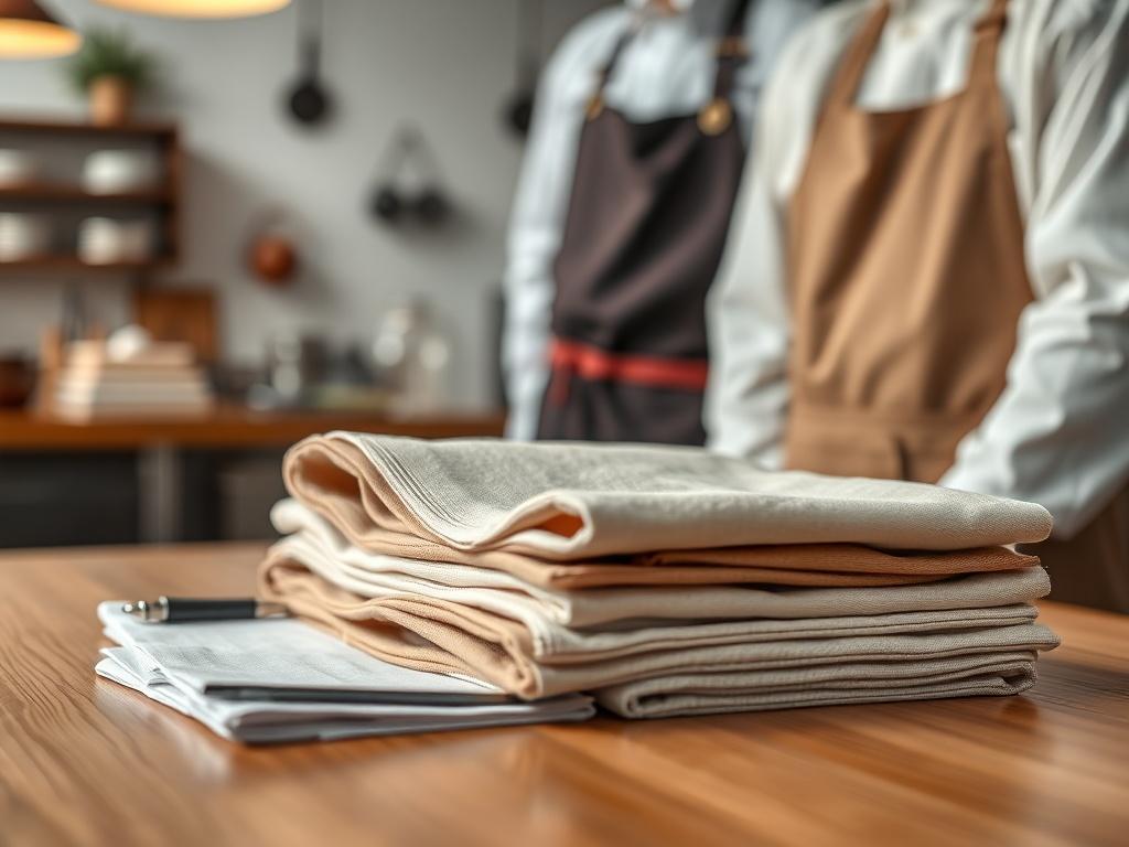 A close-up shot of neatly folded napkins, kitchen uniforms, and aprons, carefully arranged on a wooden table. The background features a softly blurred restaurant kitchen, emphasizing cleanliness and professionalism. The colors are warm and inviting, with a focus on the texture and quality of the fabrics. The lighting is bright, highlighting the details in each item.