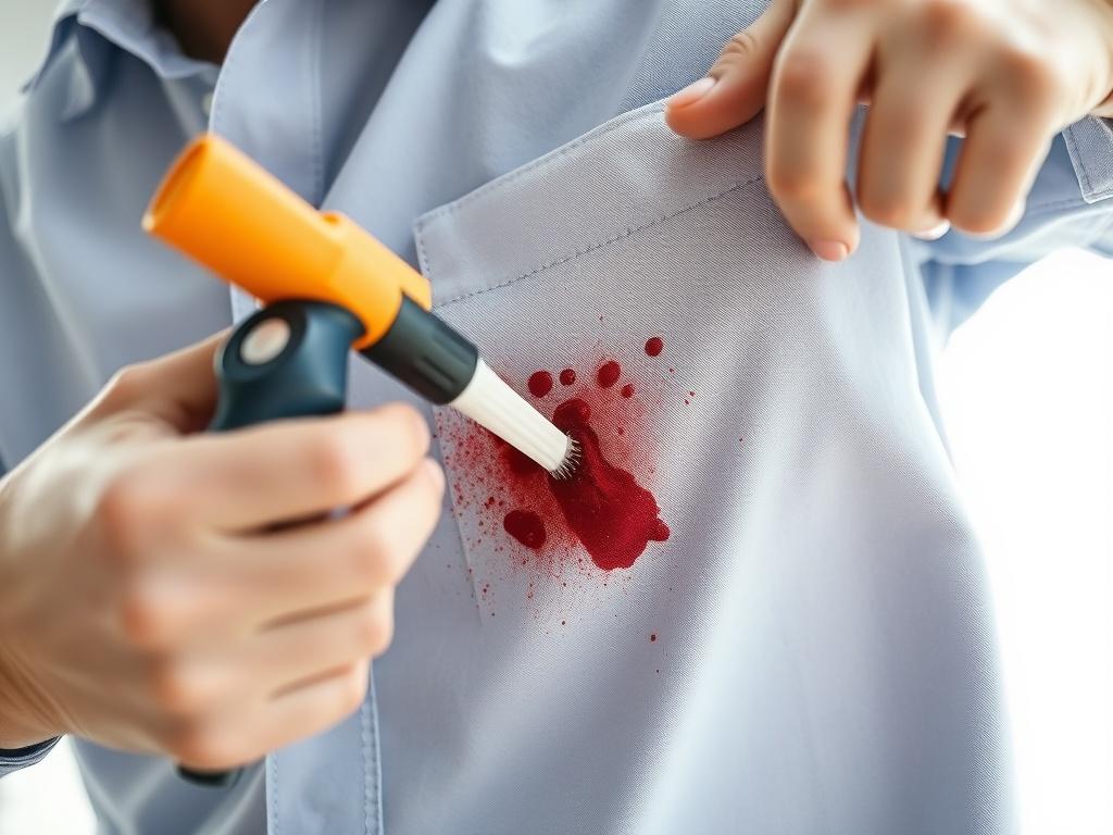 A dynamic close-up of a professional cleaner removing a tough stain from a shirt, showcasing the process with focus on the stain and cleaning tools. The background should be bright and clean, emphasizing the effectiveness of the cleaning method. Shot with a 45mm f/1.2 lens for a hyper-realistic feel.