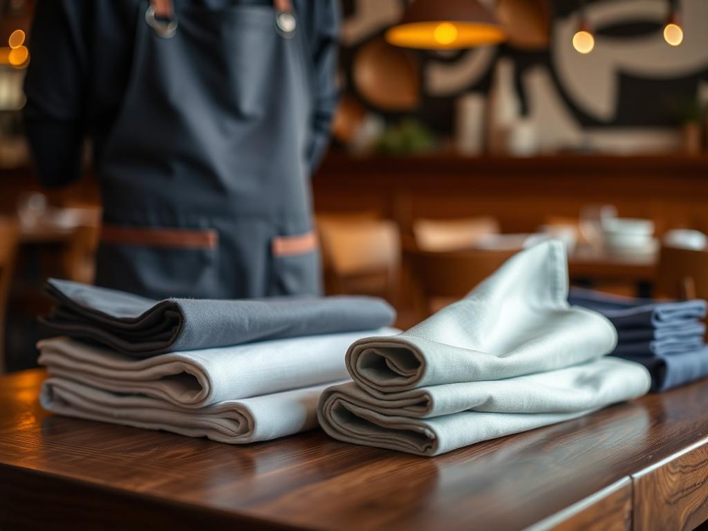 A realistic high-resolution photo of neatly folded napkins, kitchen uniforms, and aprons arranged on a wooden table in a restaurant setting. The focus should be on the vibrant colors and textures of the fabric, showcasing the quality of the items. The background should be softly blurred, suggesting a warm and inviting dining atmosphere.
