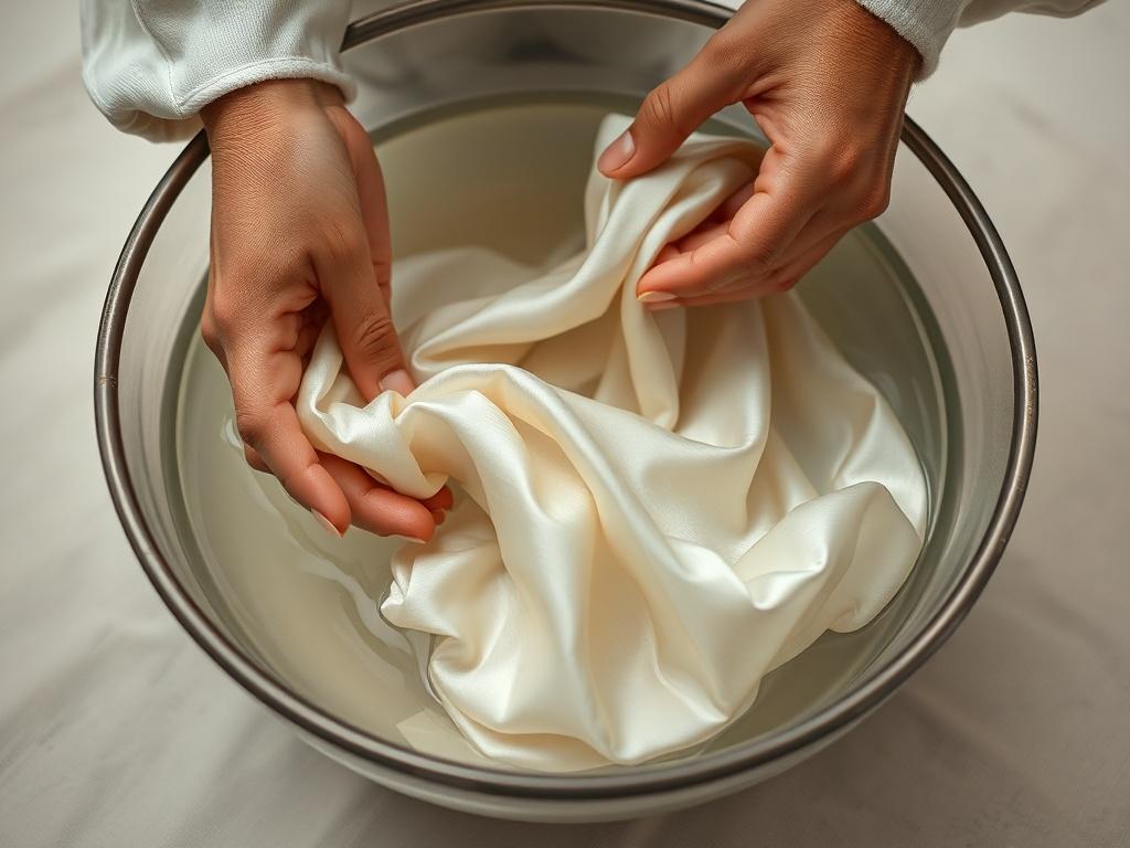 A close-up shot of hands delicately washing a silk garment in a basin. The water is clear, and the fabric is gently being agitated. The background is soft and neutral, emphasizing the care and attention being given to the delicate fabric, with hints of the primary color #062767.