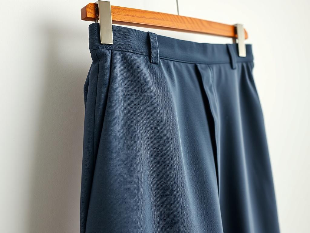 A close-up shot of a neatly pressed pair of dress pants with a sharp crease, hanging on a wooden hanger against a clean, minimalistic background. The fabric should appear smooth and lustrous, showcasing the attention to detail in the ironing. The colors should be rich and vibrant, emphasizing the quality of the fabric. The lighting should be soft and inviting, highlighting the elegance of the dress pants.