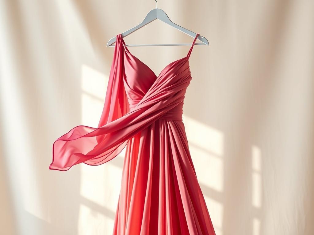 A beautifully draped long evening dress hanging on a sleek, modern clothes hanger against a soft, elegant backdrop. The dress is vibrant with intricate detailing and flowing fabric, showcasing its elegance and sophistication. The background is softly blurred to emphasize the dress, with a hint of natural light illuminating the fabric, creating a luxurious atmosphere.