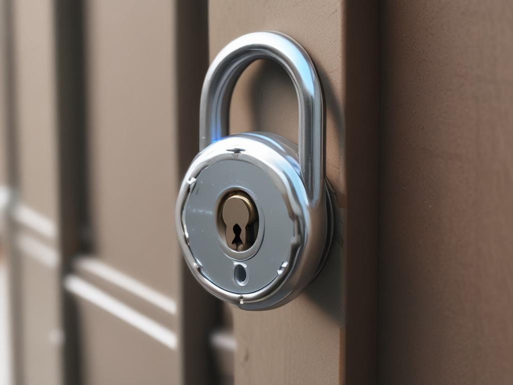 A hyper-realistic close-up shot of a secure lock symbolizing trust and security. The lock should be shiny and metallic, reflecting light beautifully. The background should be soft and blurred, with a hint of green tones to evoke a sense of safety and reliability. The image should be shot with a 45mm f/1.2 lens to create a shallow depth of field, making the lock the focal point.