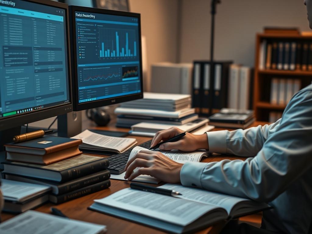 A close up of a legal researcher analyzing data on