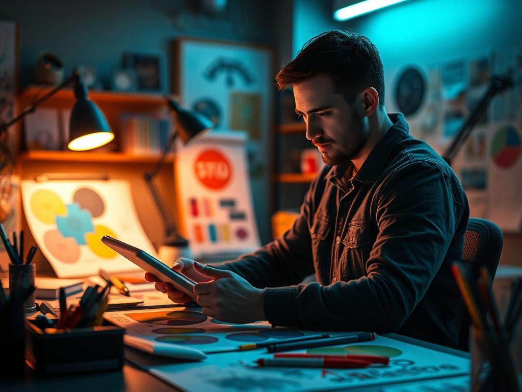 A high-resolution photo of a graphic designer working on a digital tablet, surrounded by colorful design sketches and tools, in a modern creative workspace with vibrant lighting.