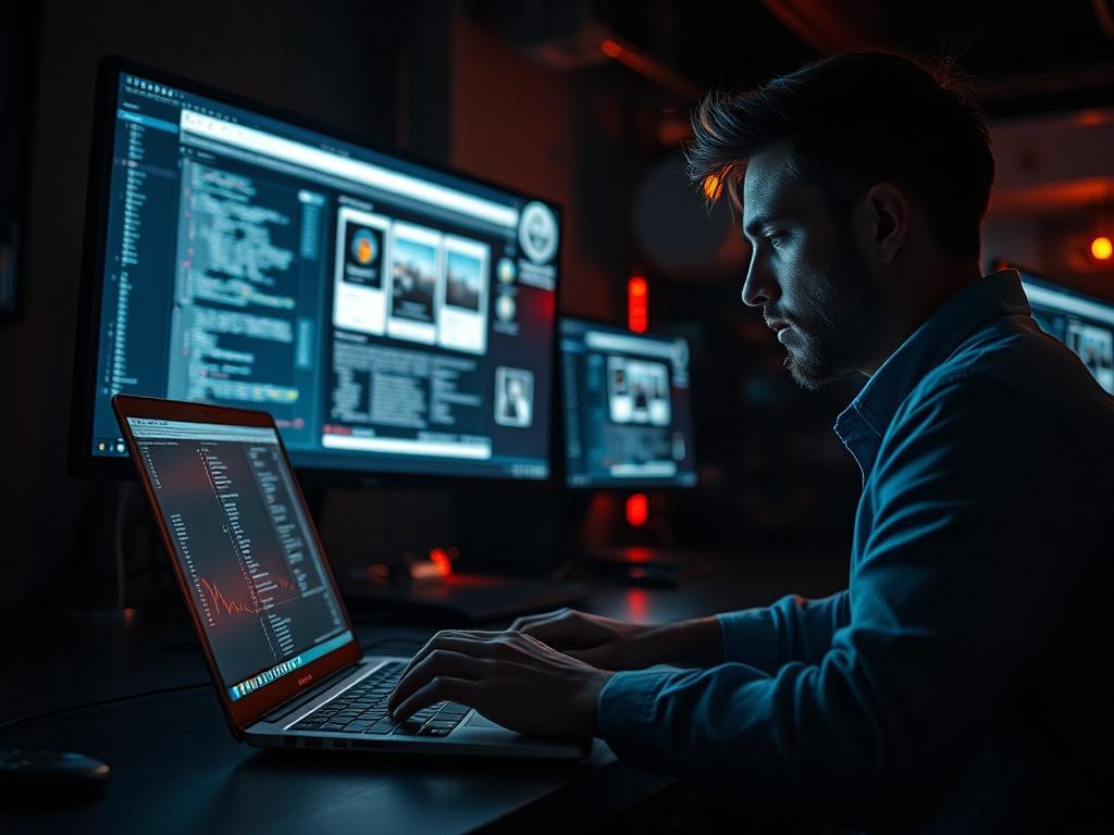 A high-resolution photo of a software developer coding on a laptop, with app designs displayed on screens in the background, set in a tech-savvy environment with dim lighting.