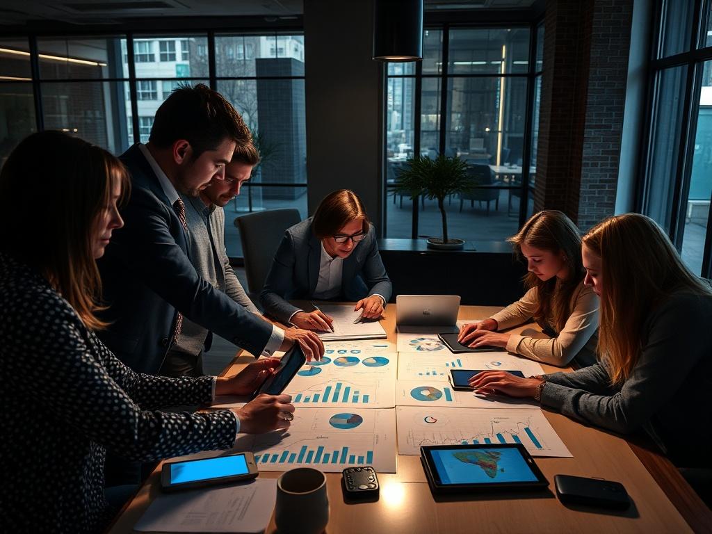 A high-resolution photo of a marketing strategy planning session, featuring a diverse group of professionals collaborating over a table filled with charts and digital devices, set in a stylish office environment with natural light.