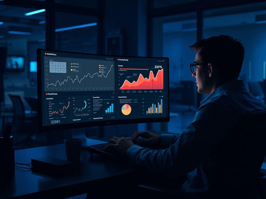 A single person working on a sleek futuristic computer screen displaying dynamic marketing graphs and analytics, set in a modern office with deep shadows and dramatic blue lighting, rich contrasts highlighting the screen and focused expression.