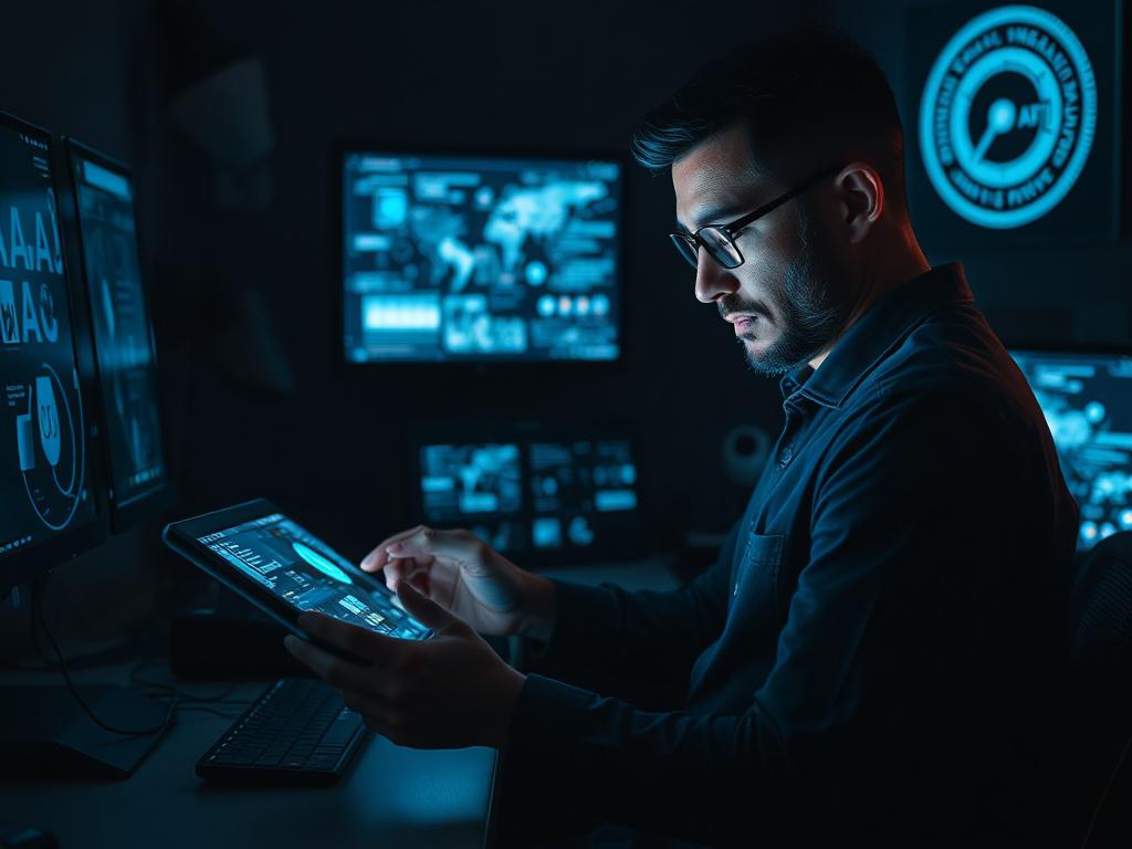 A talented graphic designer using a digital tablet with AI-generated visuals appearing on the screen, surrounded by moody deep shadows and dramatic lighting with rich blue accents, emphasizing the creative process in a focused studio environment.