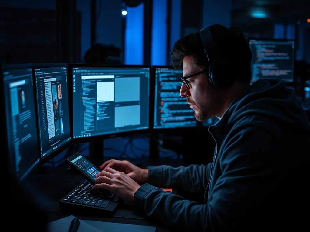 A focused app developer coding on multiple screens displaying app interfaces and code, bathed in dramatic blue and dark lighting with strong contrasts, set in a modern tech workspace with a serious and intense atmosphere.
