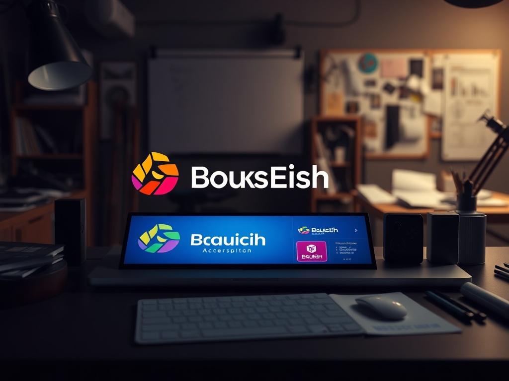 A beautifully designed logo and branding materials displayed on a sleek desk, featuring vibrant colors and modern aesthetics. The background shows a workspace with design tools and sketches, highlighting creativity and professionalism.