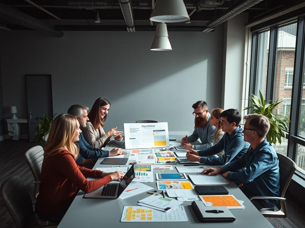 A creative marketing team brainstorming ideas in a modern office, showcasing diverse team members collaborating around a large table filled with colorful marketing materials and digital devices. The lighting is bright and inviting, with a focus on the team’s enthusiasm and engagement in their work.