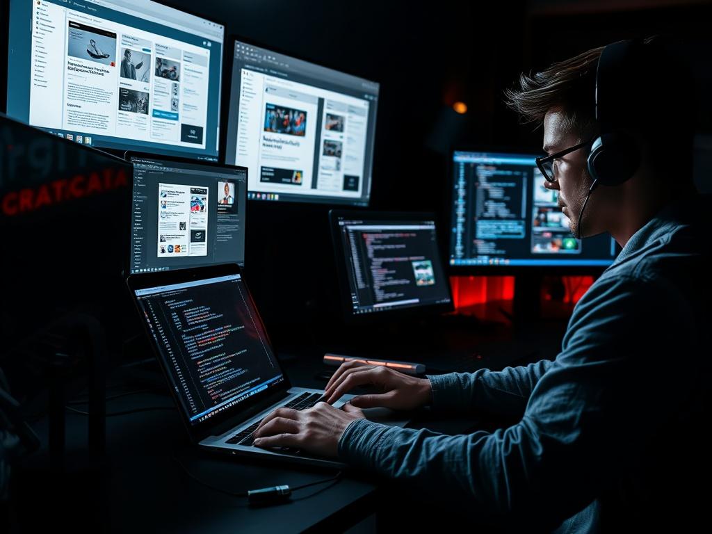 A developer working on a laptop, coding an app interface, with multiple screens displaying app designs and user feedback. The environment is tech-savvy and modern, emphasizing innovation and creativity in app development.