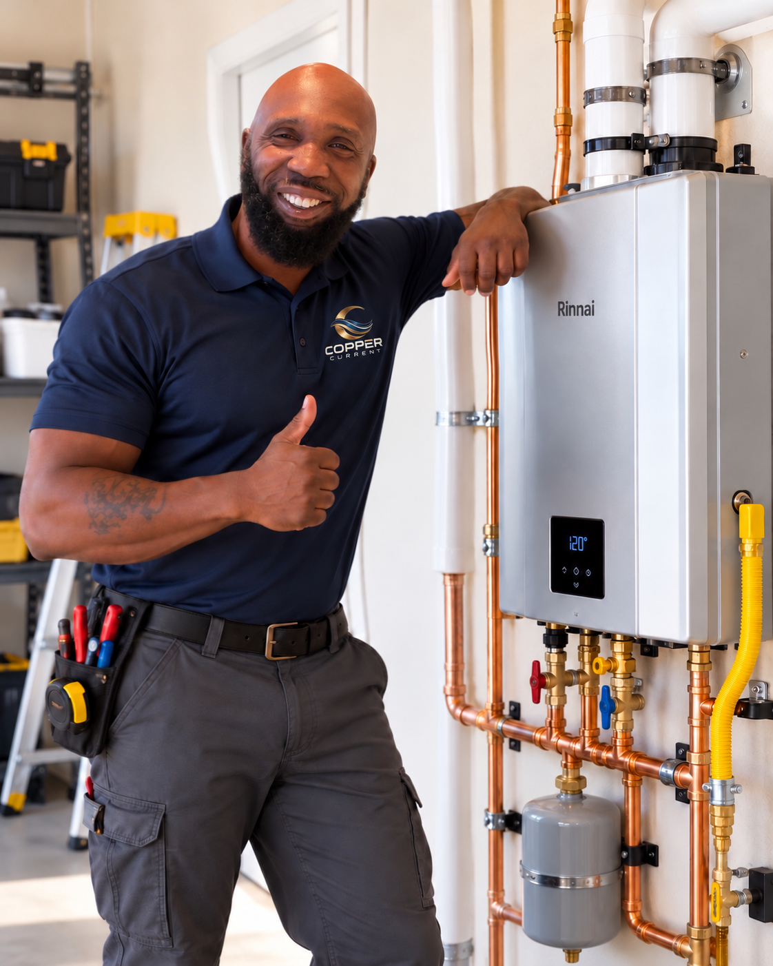 Greg in a Copper Current polo beside a tankless water heater
