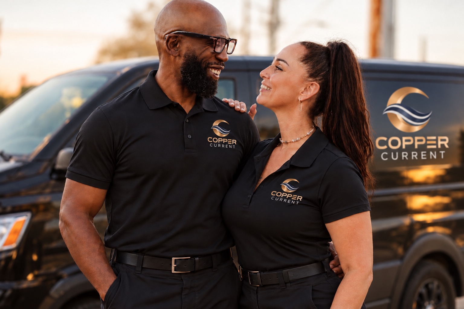 Greg and Tracy in Copper Current uniforms beside their branded van