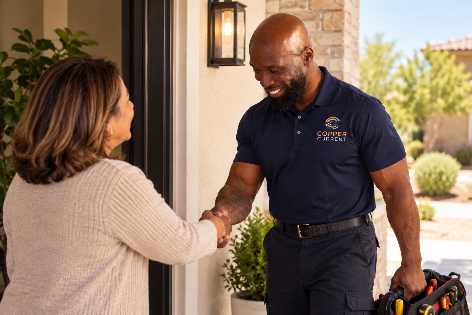 A customer handshake beside plumbing service equipment