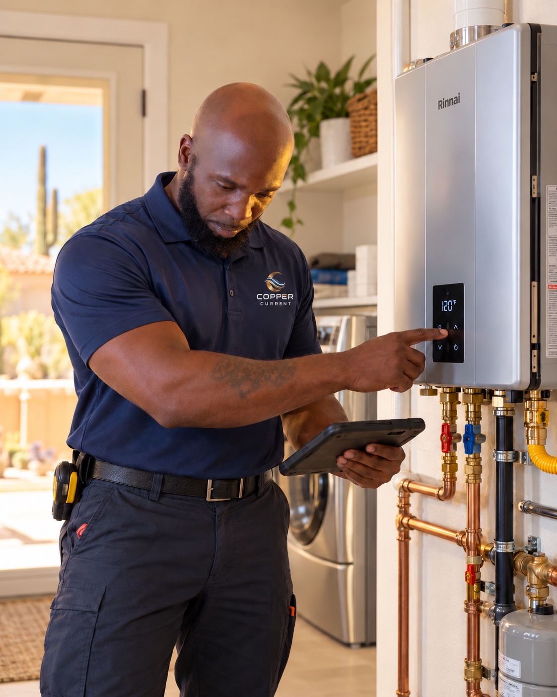Greg reviewing tankless water-heater controls with a tablet