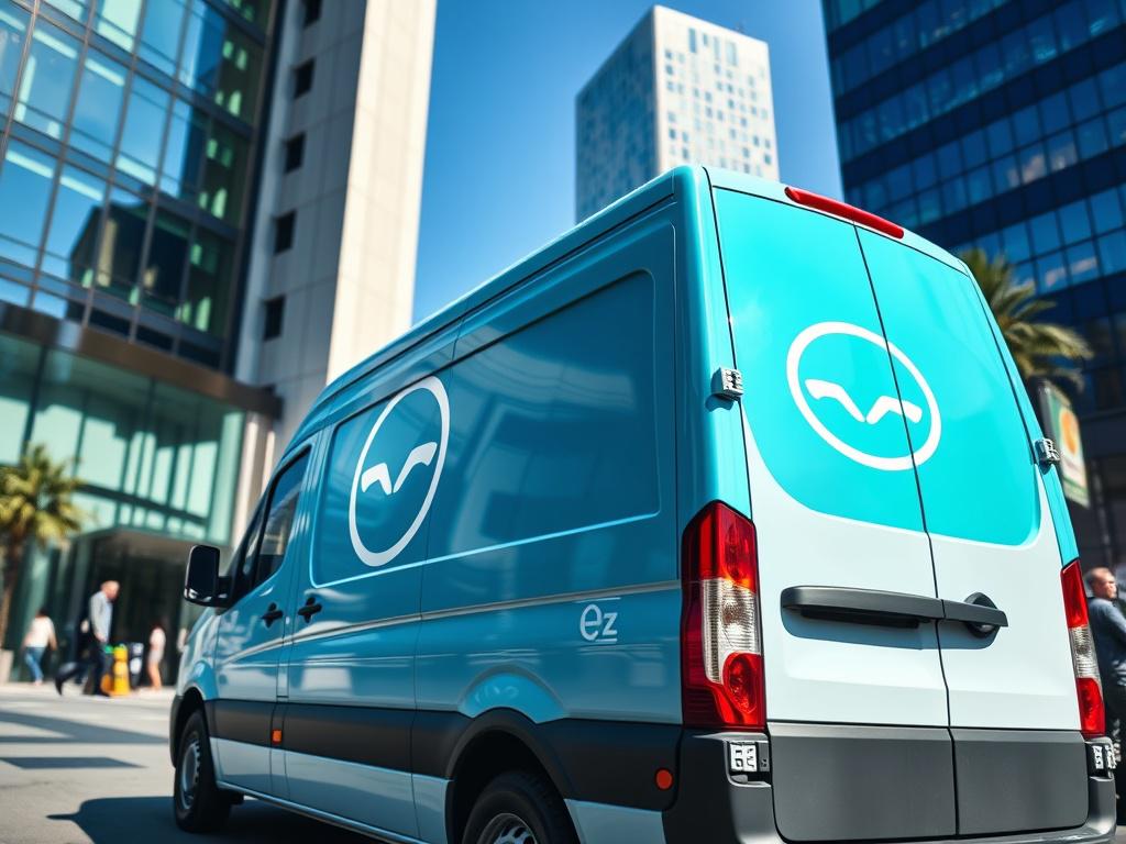 A close up shot of a delivery van parked outside