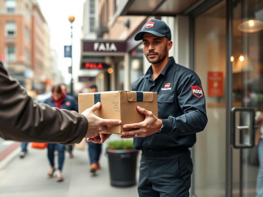 A close up shot of a delivery package being handed