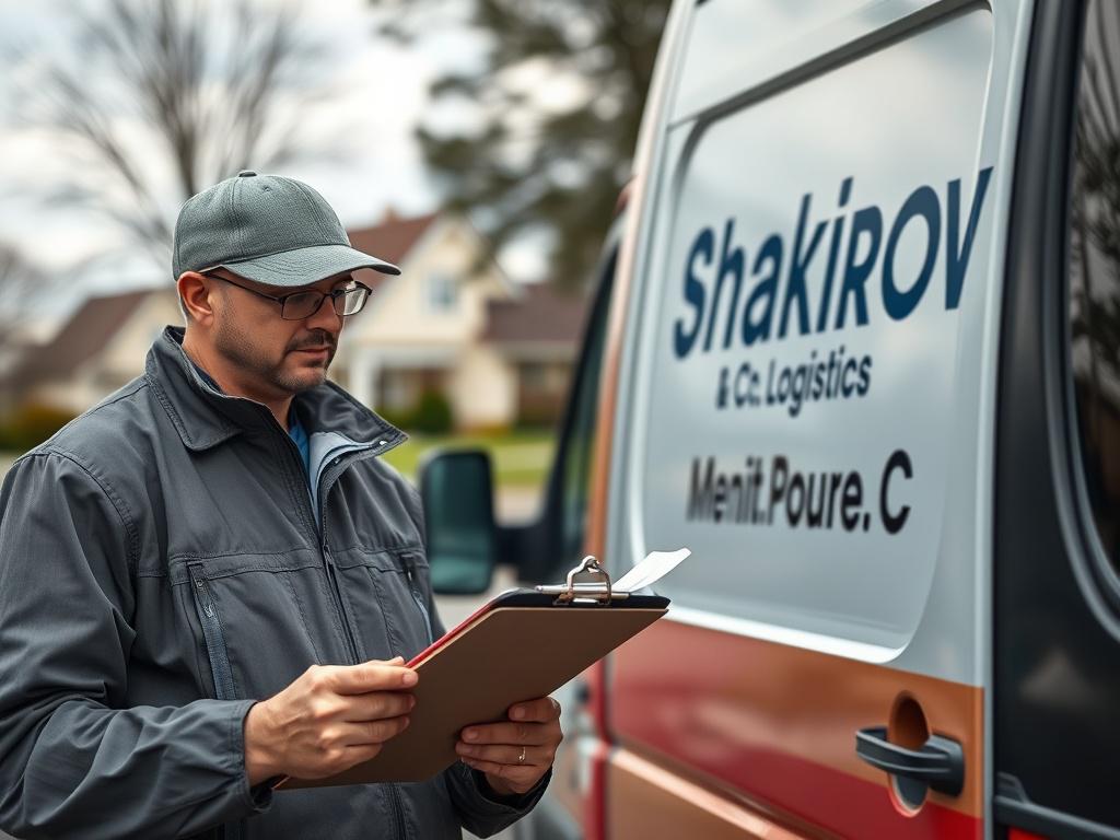 A close-up shot of a delivery driver checking off a delivery list on a clipboard, standing next to a Shakirov & Co. Logistics van. The background shows a suburban neighborhood, with houses and trees blurred out, emphasizing the focus on the driver and the van. The image should reflect professionalism and organization.