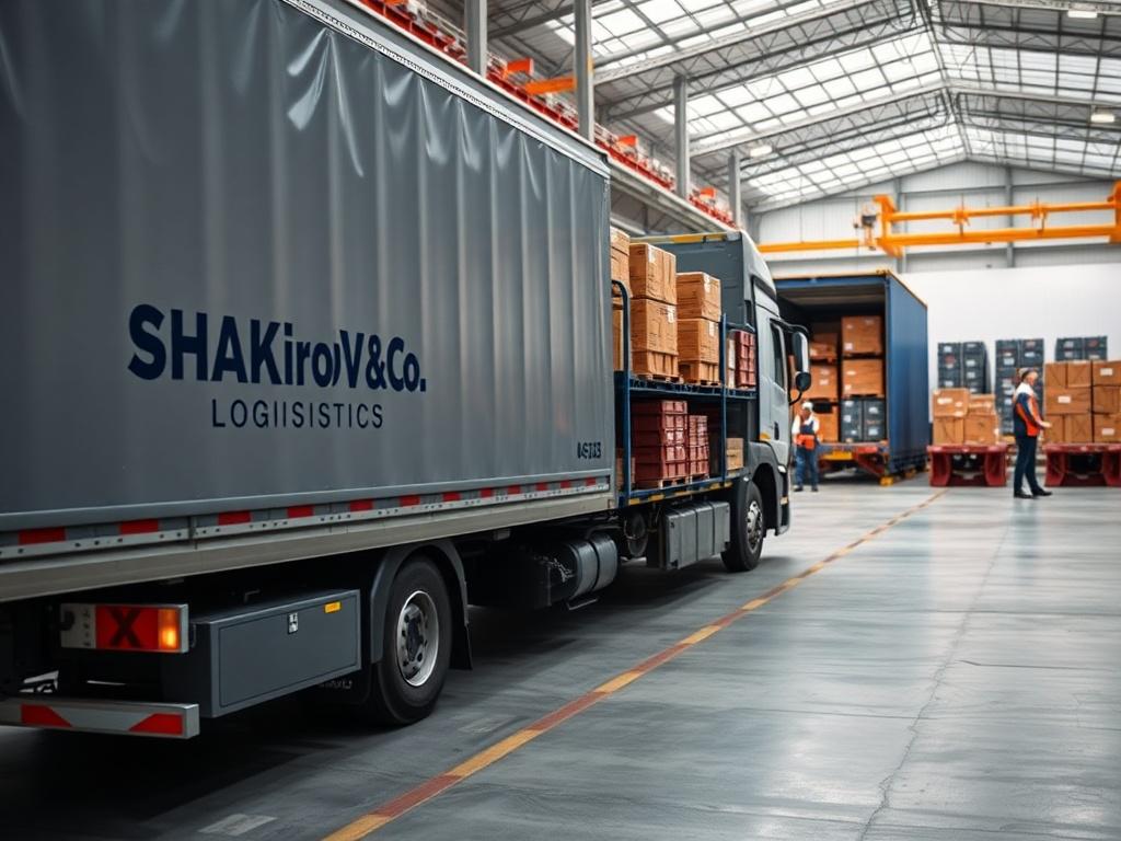 A close-up shot of a freight truck loaded with crates and packages, parked at a distribution center. The truck bears the Shakirov & Co. Logistics branding, while the background shows a busy loading dock with workers in motion. The image should capture the essence of freight logistics and efficiency.
