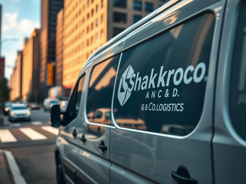 A close-up shot of a delivery van parked in a city street, with the van prominently displaying the logo of Shakirov & Co. Logistics. The background features blurred city buildings and a clear sky, showcasing a busy urban environment. The image should convey a sense of urgency and efficiency, with the van's details in sharp focus.