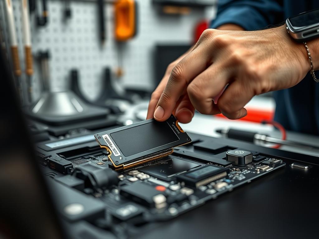 A close up shot of a technician installing an SSD