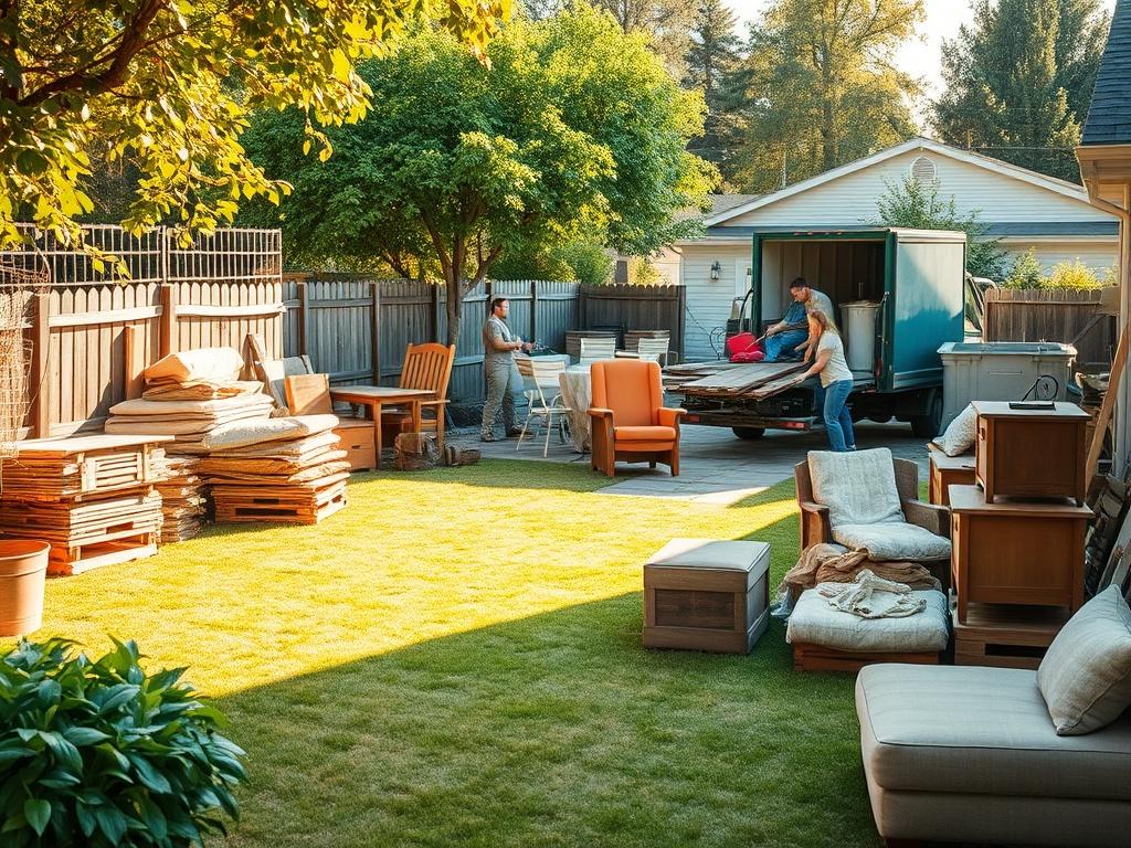 A clean outdoor space with a team removing junk from a backyard. The scene shows organized piles of yard waste and old furniture being loaded onto a truck. Bright sunlight casts a warm glow on the area, emphasizing the transformation from cluttered to clean.