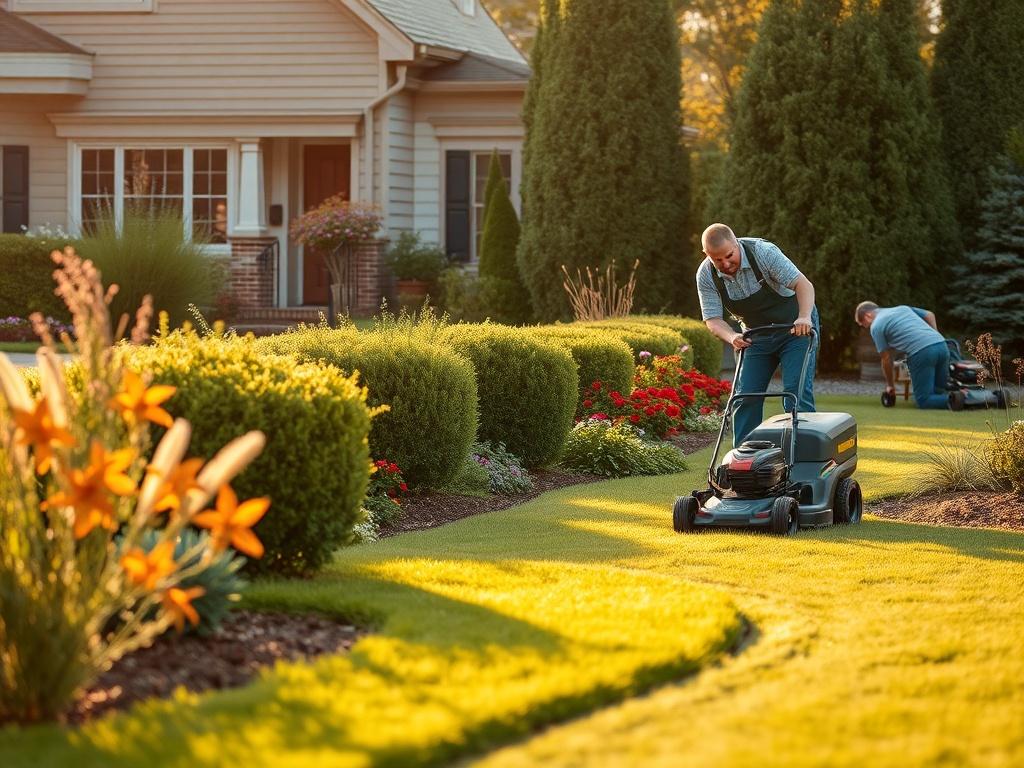 A professional landscape maintenance team working on a garden, trimming shrubs and mowing the lawn. The scene shows a beautifully maintained outdoor space with colorful flowers and neatly manicured grass. Soft lighting emphasizes the calm atmosphere, highlighting the importance of regular upkeep.