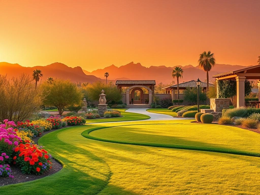 A serene Arizona landscape featuring a beautifully landscaped garden with vibrant flowers, soft green lawns, and elegant pathways. The scene captures warm sunset hues in the sky, creating a calm and inviting atmosphere. Subtle mountain silhouettes are in the background, and minimal palm trees add a touch of West Coast influence.