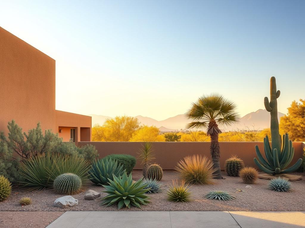 A serene Arizona landscape featuring a well-maintained garden with various desert plants, soft golden sunlight illuminating the scene, a clear blue sky above. The composition should include a single palm tree accent and subtle mountain silhouettes in the background, creating a relaxed and inviting atmosphere.