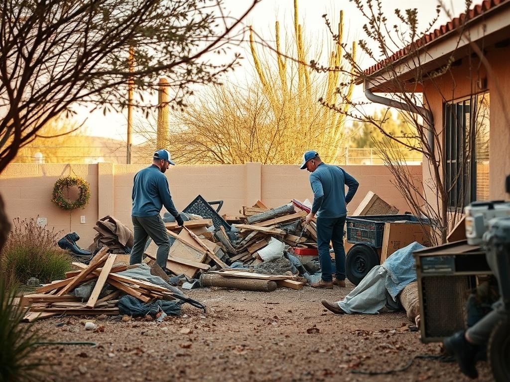 A professional junk removal team actively clearing debris from a yard, showcasing a clean and organized outdoor space. The setting features soft desert hues, with visible natural elements like plants and trees. The image captures the team's dedication and efficiency, emphasizing the transformation of the space from cluttered to clean and inviting.