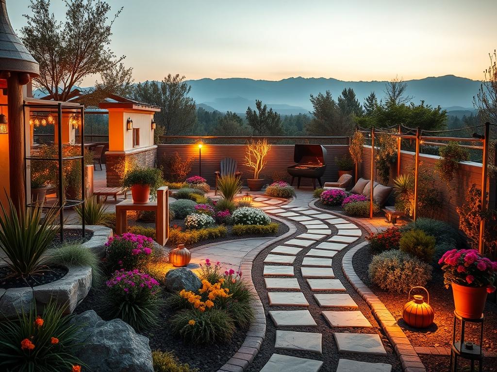 A beautifully landscaped garden showcasing a variety of plants, flowers, and decorative elements in warm, golden hues. The scene captures a serene outdoor area with soft lighting, featuring inviting pathways and sitting areas. The composition highlights the natural beauty of the landscape, with subtle mountain silhouettes in the background, creating an atmosphere of tranquility and elegance.