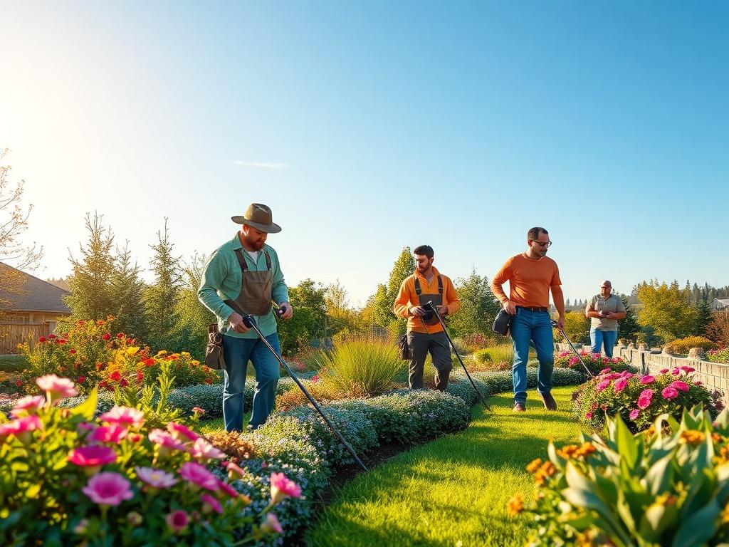 A team of professional landscapers engaged in landscape maintenance, showcasing a vibrant and well-kept garden. The scene features lush greenery, blooming flowers, and a clear blue sky, conveying a sense of order and tranquility. Tools and equipment are visible, emphasizing the hands-on approach to maintaining the landscape's beauty and health.