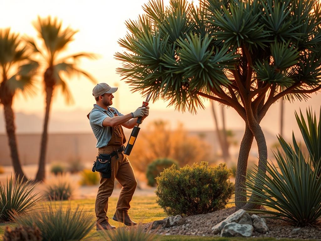 A professional landscaper carefully trimming a tree in a serene garden setting. The background features soft desert hues and minimal palm trees, with warm sunset colors illuminating the scene. The focus is on the landscaper using professional tools, showing attention to detail and care for the tree, surrounded by a calm and inviting outdoor atmosphere.