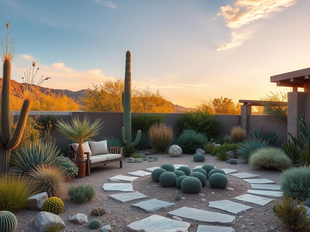 A beautifully landscaped garden featuring a mix of native desert plants, soft blue sky, and warm sunset colors. The scene includes a cozy seating area with natural stone pathways, inviting viewers to envision a tranquil outdoor space.