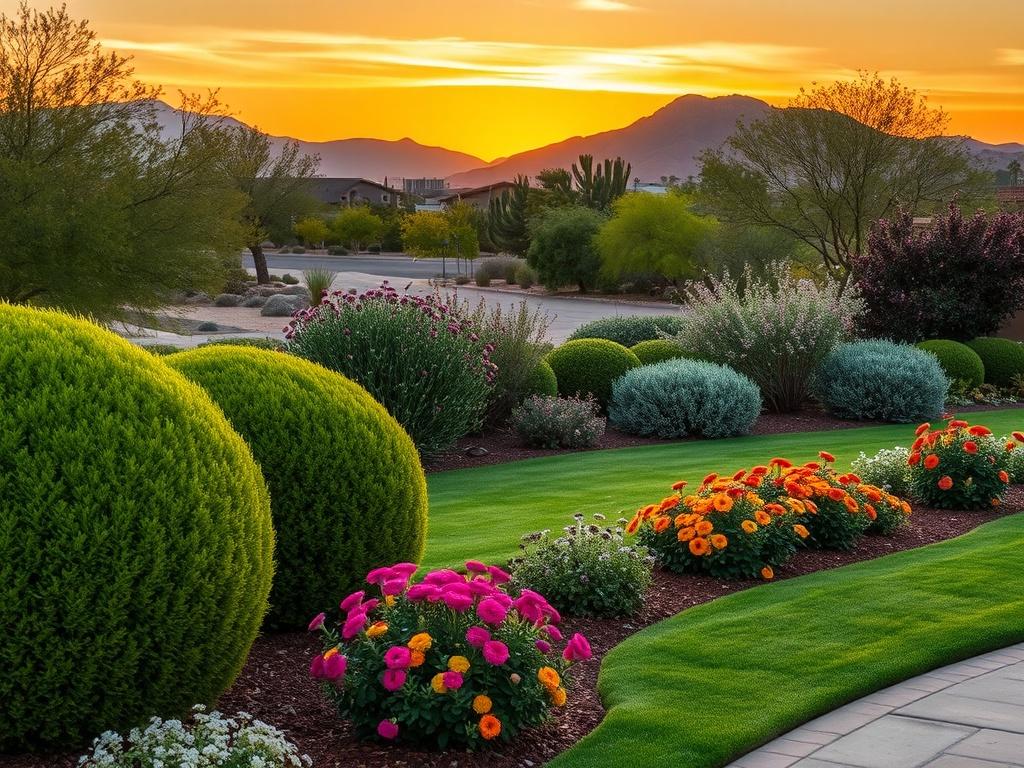 An image of a well-maintained landscape featuring neatly trimmed bushes, vibrant flowers, and a smooth lawn. The background shows a picturesque Arizona sunset, casting golden hues over the beautifully cared-for outdoor space.
